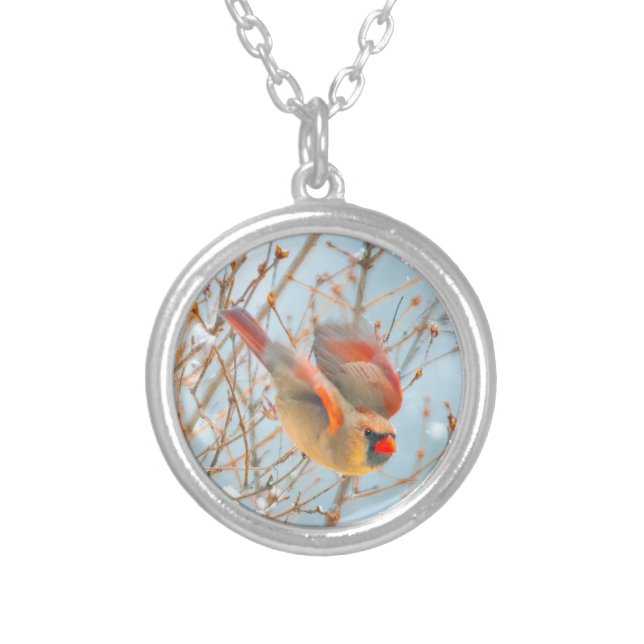 Northern Cardinal Flying - Original Photograph Silver Plated Necklace (Front)