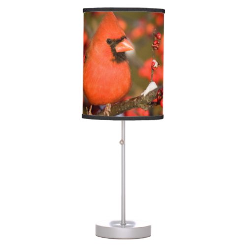 Northern Cardinal in Common Winterberry Table Lamp