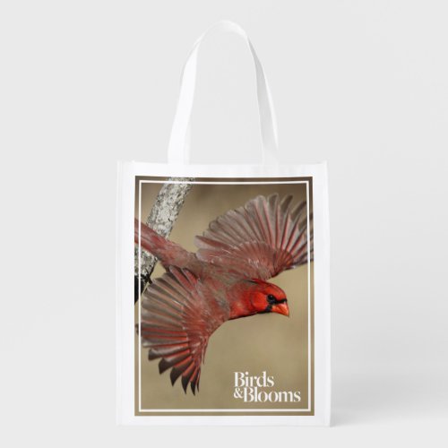 Northern Cardinal In Flight Reusable Grocery Bag