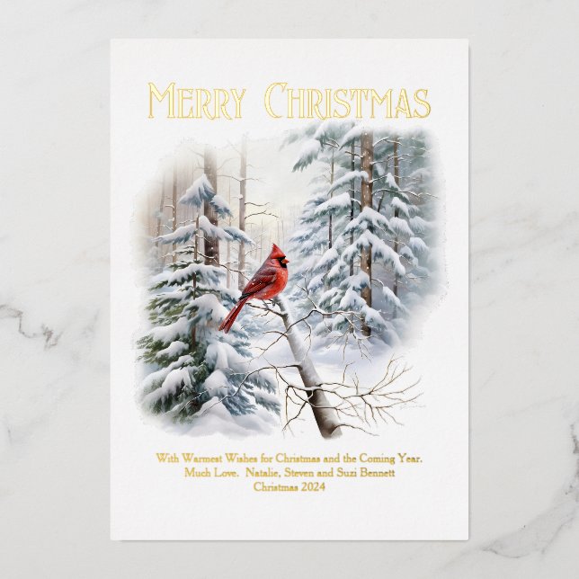 Northern Cardinal in Snowy Woods  Foil Holiday Card (Front)