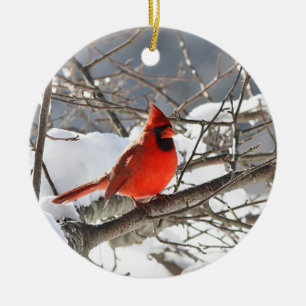 Northern cardinal in the snow ceramic ornament