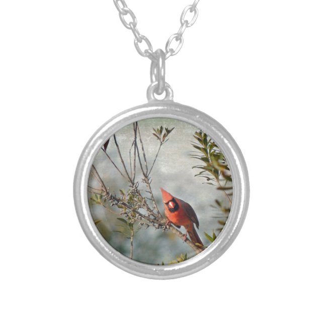 Northern Cardinal in Wax Myrtle Silver Plated Necklace (Front)