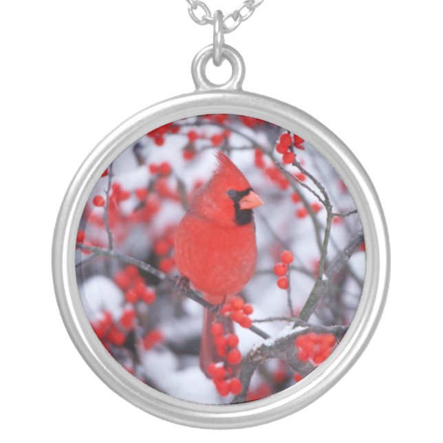 Northern Cardinal male, Winter, IL Silver Plated Necklace (Front)