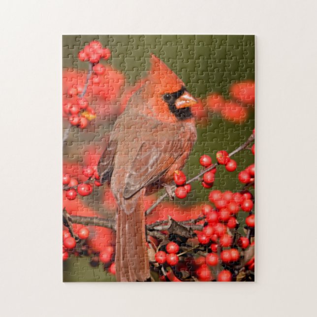 Northern Cardinal on Common Winterberry Jigsaw Puzzle (Vertical)