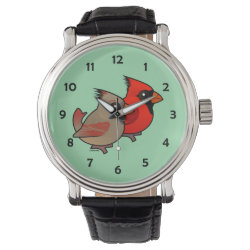 Northern Cardinal Pair Men's Vintage Black Leather Strap Watch