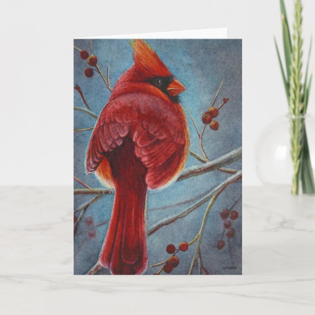 Northern Cardinal Red Bird Berries Watercolor Art Card (Front)