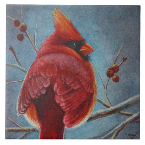 Northern Cardinal Red Bird Berries Watercolor Art Ceramic Tile