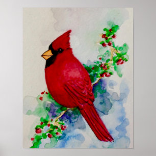 Northern Cardinal Red Bird Watercolor Poster