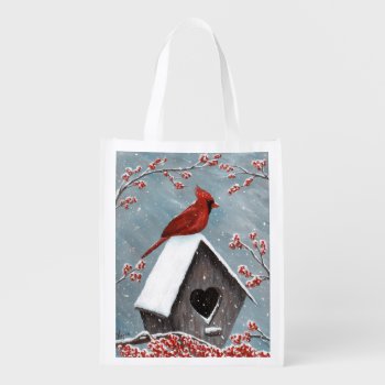 Northern Cardinal Winter Snow Reusable Grocery Bag by ironydesignphotos at Zazzle
