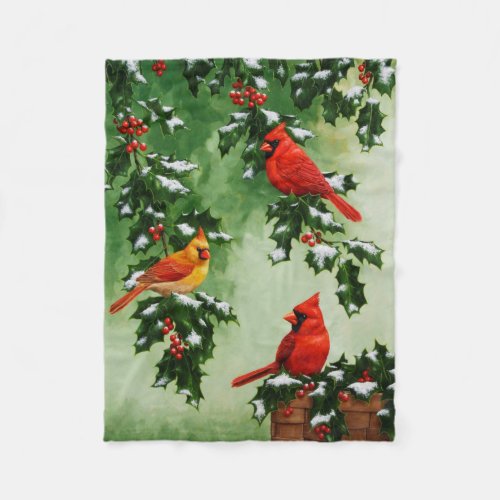 Northern Cardinals and Holly Berries Fleece Blanket