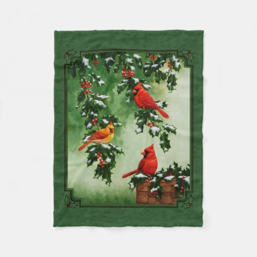 Northern Cardinals and Holly Green Fleece Blanket