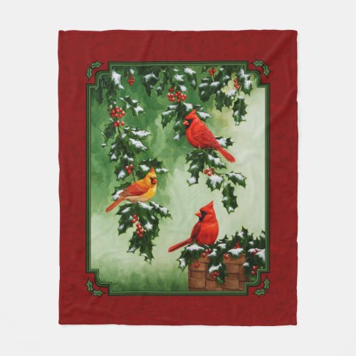 Northern Cardinals and Holly Red Fleece Blanket