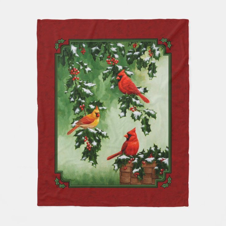 Northern Cardinals and Holly Red Fleece Blanket Zazzle