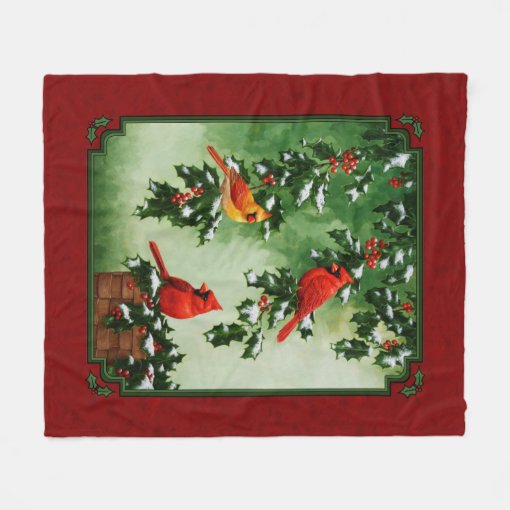 Northern Cardinals and Holly Red Fleece Blanket Zazzle