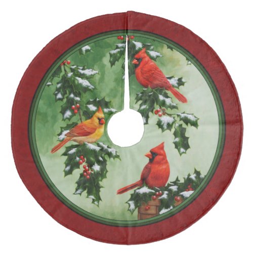 Northern Cardinals and Holly Red Fleece Tree Skirt