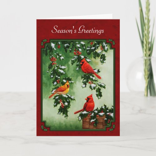 Northern Cardinals and Holly Red Holiday Card