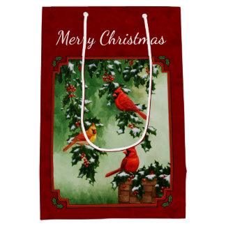 Northern Cardinals and Holly Red Medium Gift Bag