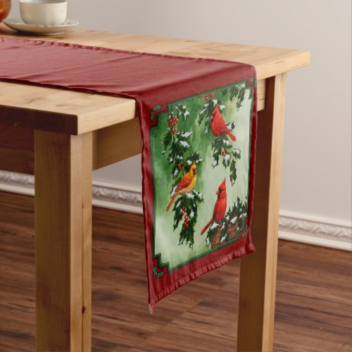 Northern Cardinals and Holly Red Medium Table Runner