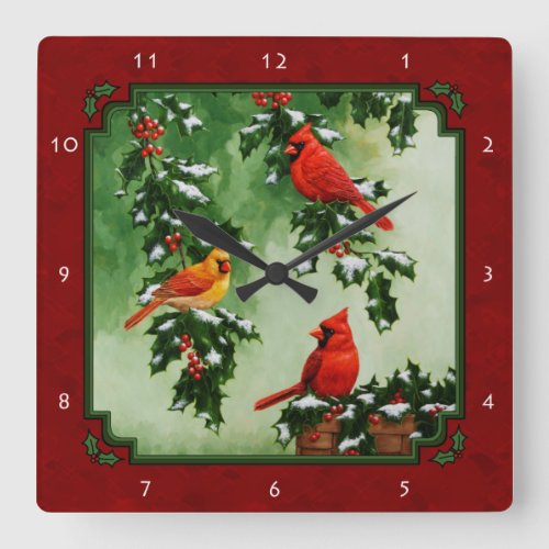 Northern Cardinals and Holly Red Square Wall Clock