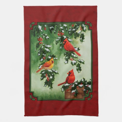 Northern Cardinals and Holly Red Towel