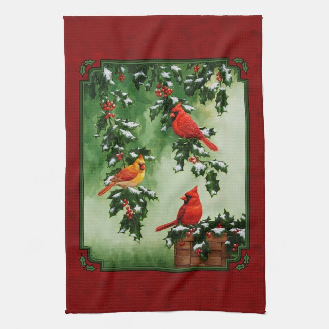 Northern Cardinals and Holly Red Towel (Vertical)