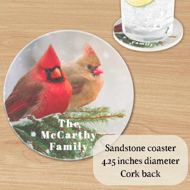 Northern Cardinals in Pine Tree Family Name Coaster (Celebrate the season with winter coasters featuring your family name, snow, and beautiful cardinals.)