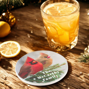 Northern Cardinals in Pine Tree Family Name Coaster