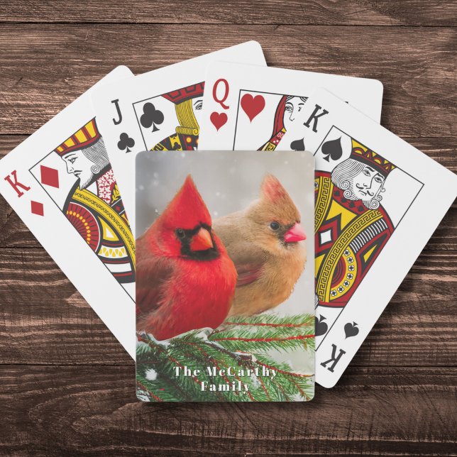 Northern Cardinals in Pine Tree Winter Family Name Poker Cards (Two beautiful cardinal birds and personalized text on playing cards are a fun stocking stuffer.)