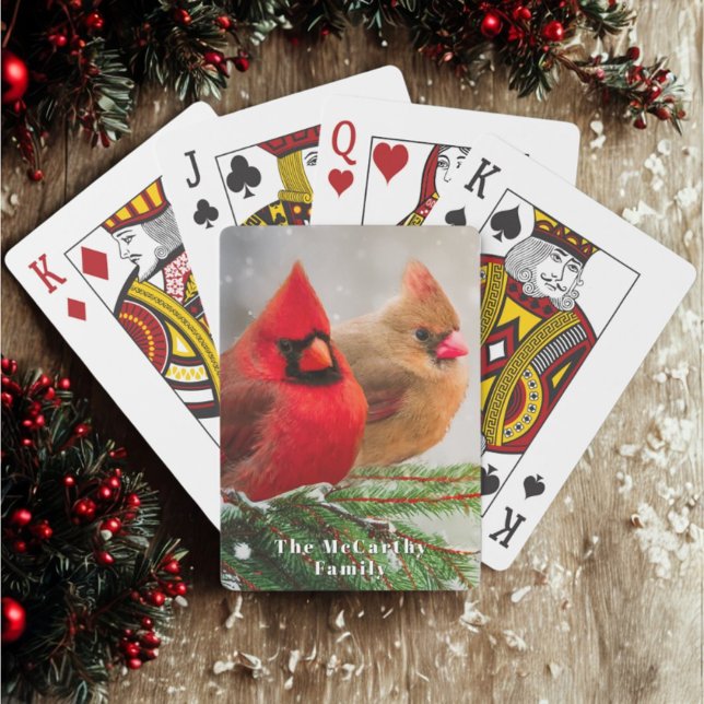 Northern Cardinals in Pine Tree Winter Family Name Poker Cards (Two beautiful cardinal birds and personalized text on playing cards are a fun stocking stuffer.)