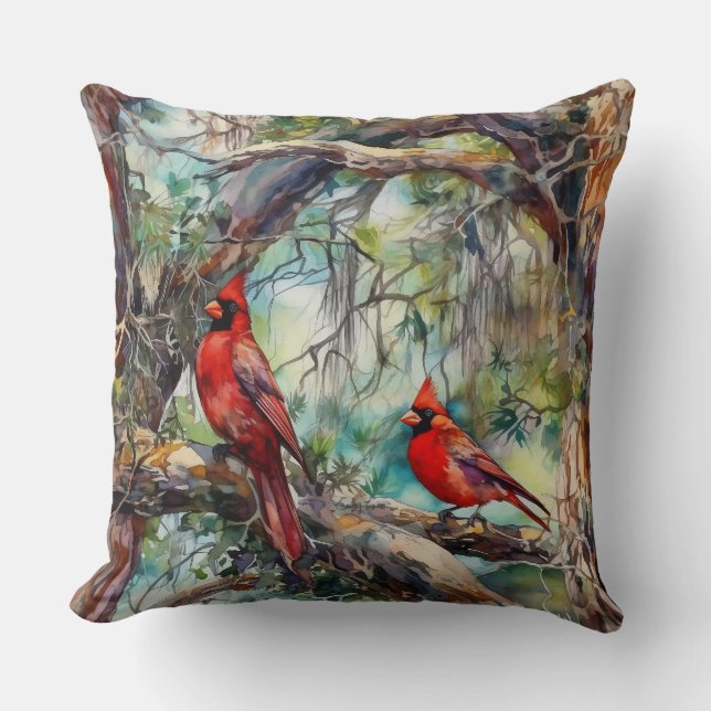 Northern Cardinals in Tree Throw Pillow (Front)