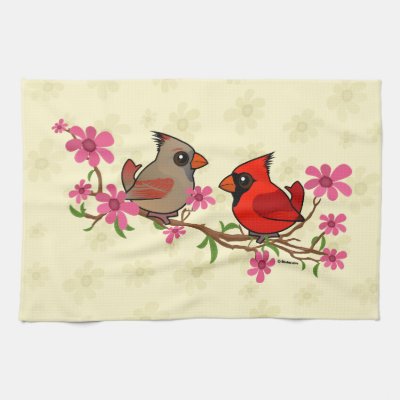 Northern Cardinals on Blossom Branch Kitchen Towel