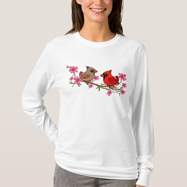 Northern Cardinals on Blossom Branch T-Shirt (Front)