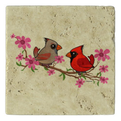 Northern Cardinals on Blossom Branch Travertine Stone Trivet