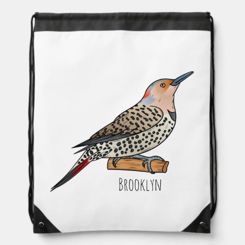Northern flicker bird cartoon illustration drawstring bag