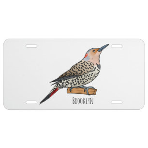 Northern flicker bird cartoon illustration license plate
