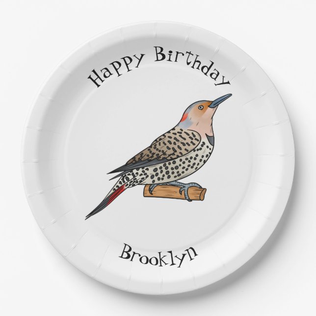 Northern flicker bird cartoon illustration paper plates (Front)