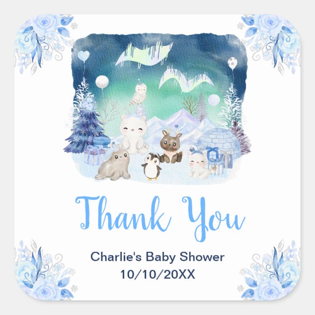 Northern Lights Animals Baby Shower Thank You Square Sticker (Front)