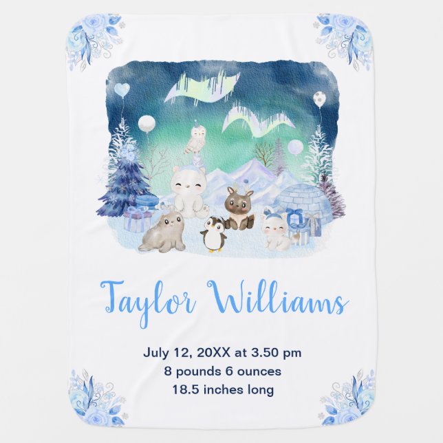 Northern Lights Arctic Animals Birth Statistics Baby Blanket (Front)