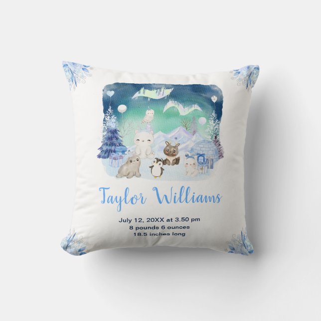 Northern Lights Arctic Animals Birth Statistics Throw Pillow (Front)