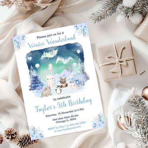 Northern Lights Arctic Animals Birthday Invitation