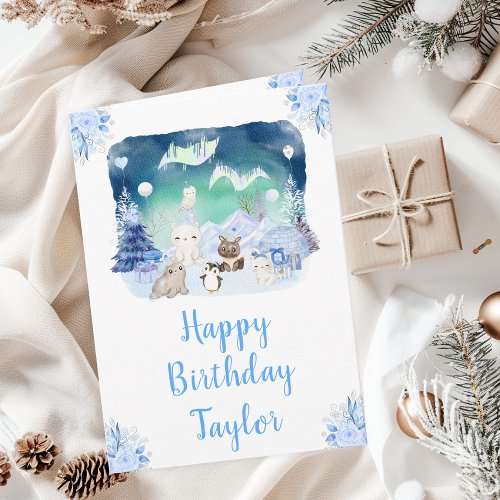 Northern Lights Arctic Animals Happy Birthday Card