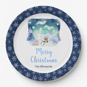 Northern Lights Arctic Animals Merry Christmas Paper Plates