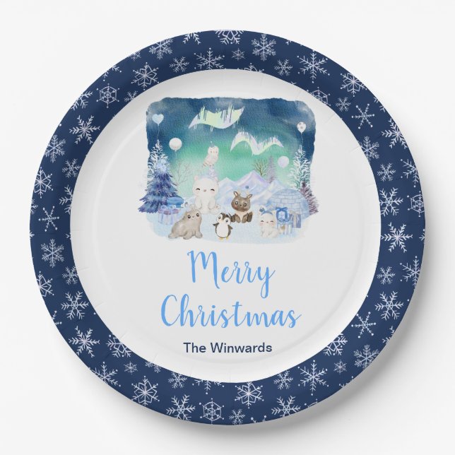 Northern Lights Arctic Animals Merry Christmas Paper Plates (Front)