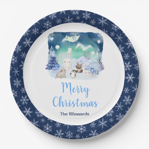 Northern Lights Arctic Animals Merry Christmas Paper Plates