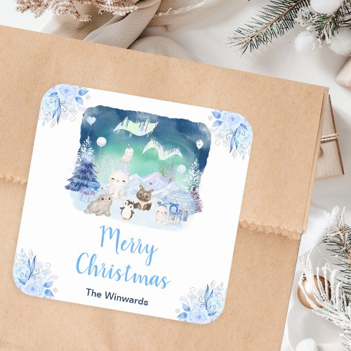 Northern Lights Arctic Animals Merry Christmas Square Sticker