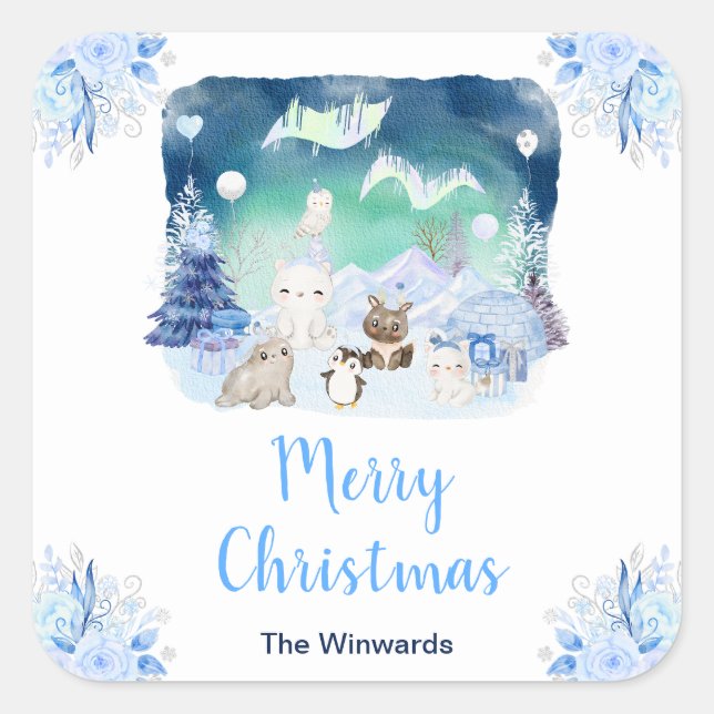 Northern Lights Arctic Animals Merry Christmas Square Sticker (Front)