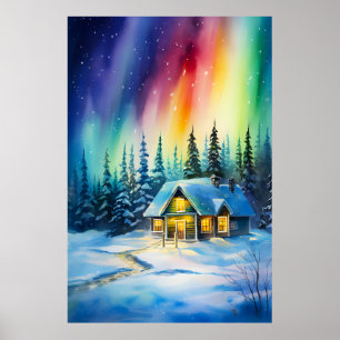 Northern Lights aurora borealis Christmas House Poster