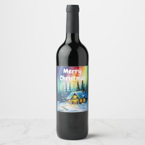 Northern Lights aurora borealis Christmas House Wine Label