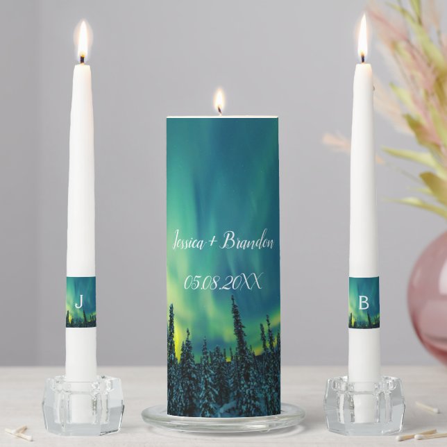 Northern Lights Aurora Borealis Monogrammed Unity Candle Set (In Situ)