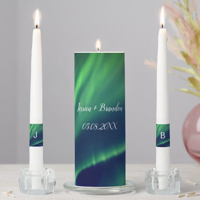 Northern Lights Aurora Borealis Monogrammed Unity Candle Set (In Situ)